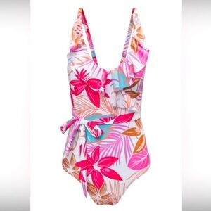 NEW White Palm Beach Tropical Print One Piece Swimsuit Swim Full Coverage NWOT